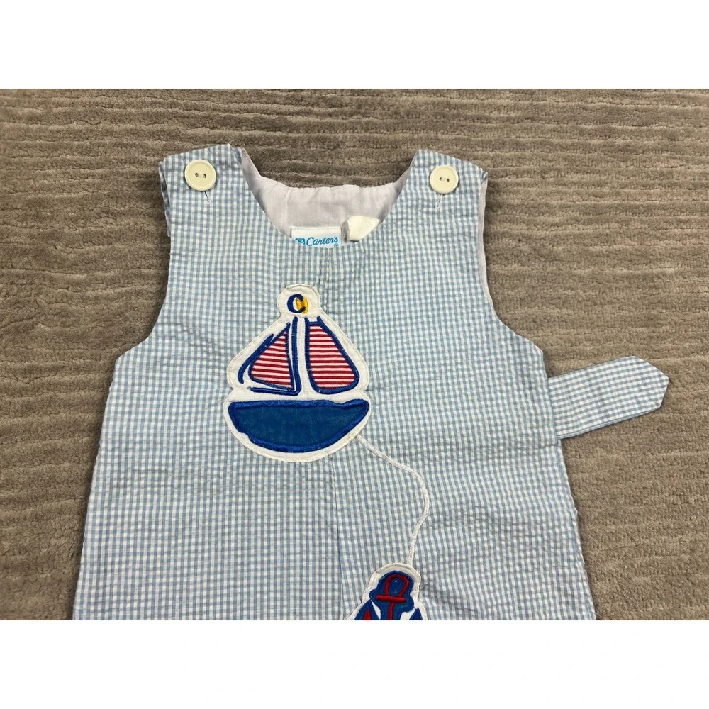 Carter's Romper Boys 6/9M Blue Gingham‎ Nautical Sailboat Seersucker One Piece